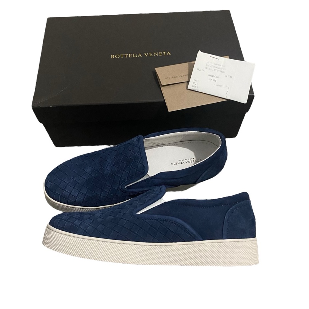 NEW Bottega Veneta Luxe Braided Weave Suede Pacific Blue Slip On Sneaker 38 or 8